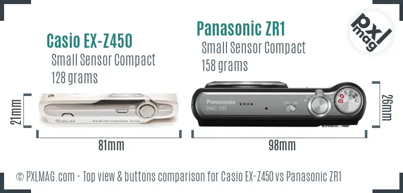 Casio EX-Z450 vs Panasonic ZR1 top view buttons comparison Casio EX-Z450 vs Panasonic ZR1 top view buttons comparison
