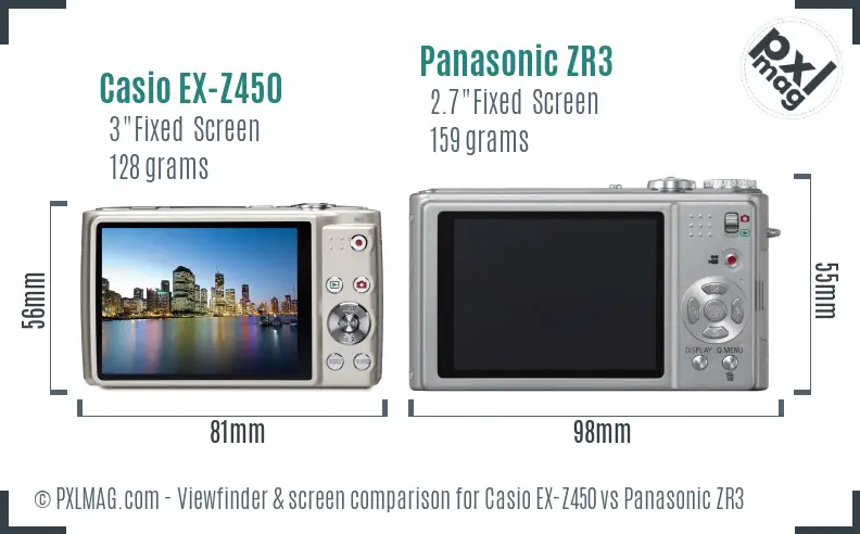 Casio EX-Z450 vs Panasonic ZR3 Screen and Viewfinder comparison