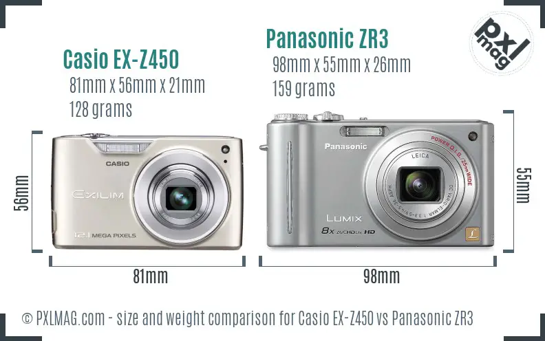Casio EX-Z450 vs Panasonic ZR3 size comparison