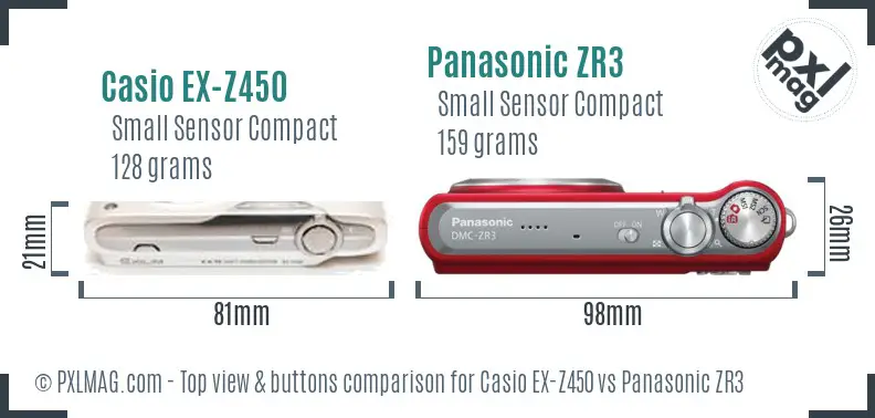 Casio EX-Z450 vs Panasonic ZR3 top view buttons comparison