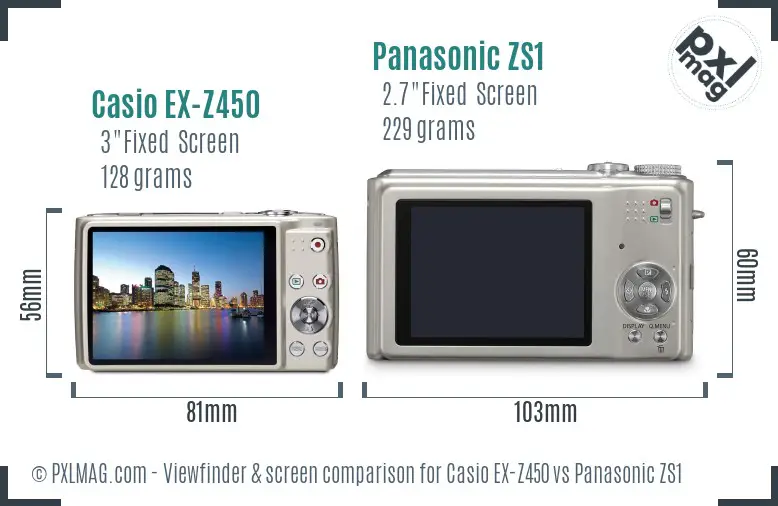 Casio EX-Z450 vs Panasonic ZS1 Screen and Viewfinder comparison
