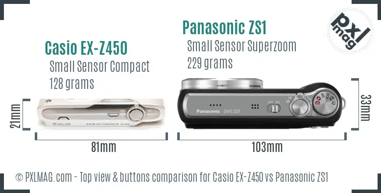 Casio EX-Z450 vs Panasonic ZS1 top view buttons comparison