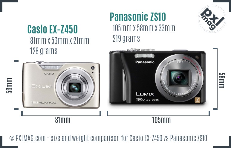 Casio EX-Z450 vs Panasonic ZS10 size comparison