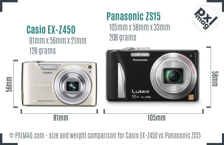 Casio EX-Z450 vs Panasonic ZS15 size comparison