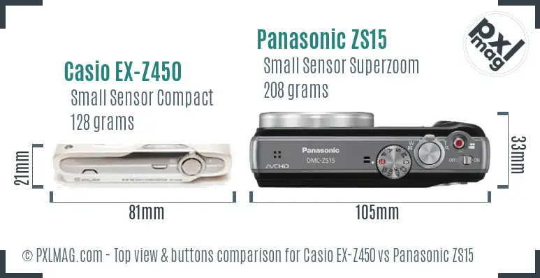 Casio EX-Z450 vs Panasonic ZS15 top view buttons comparison
