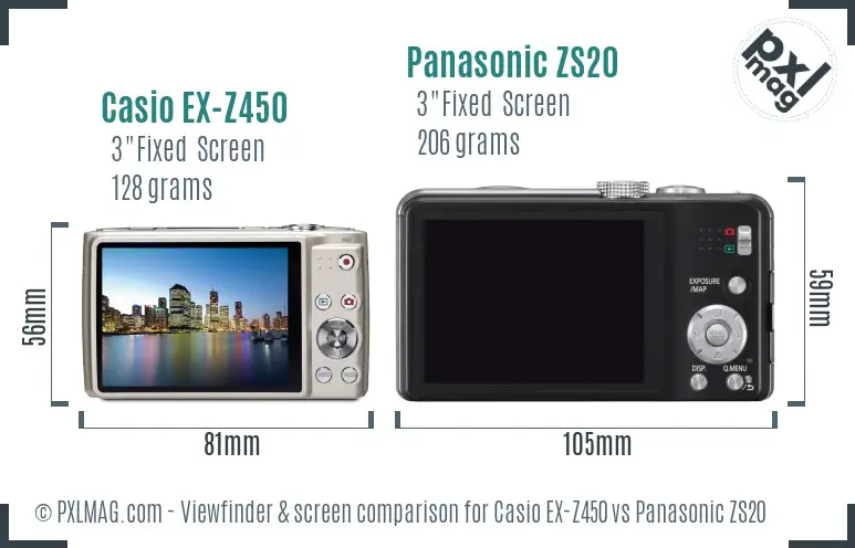 Casio EX-Z450 vs Panasonic ZS20 Screen and Viewfinder comparison