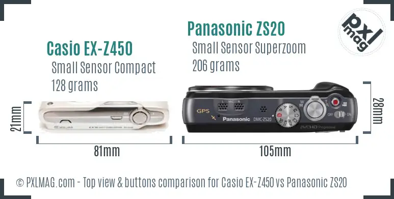 Casio EX-Z450 vs Panasonic ZS20 top view buttons comparison