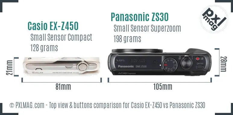 Casio EX-Z450 vs Panasonic ZS30 top view buttons comparison Casio EX-Z450 vs Panasonic ZS30 top view buttons comparison