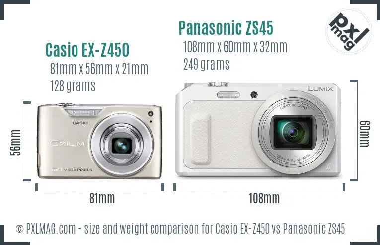 Casio EX-Z450 vs Panasonic ZS45 size comparison