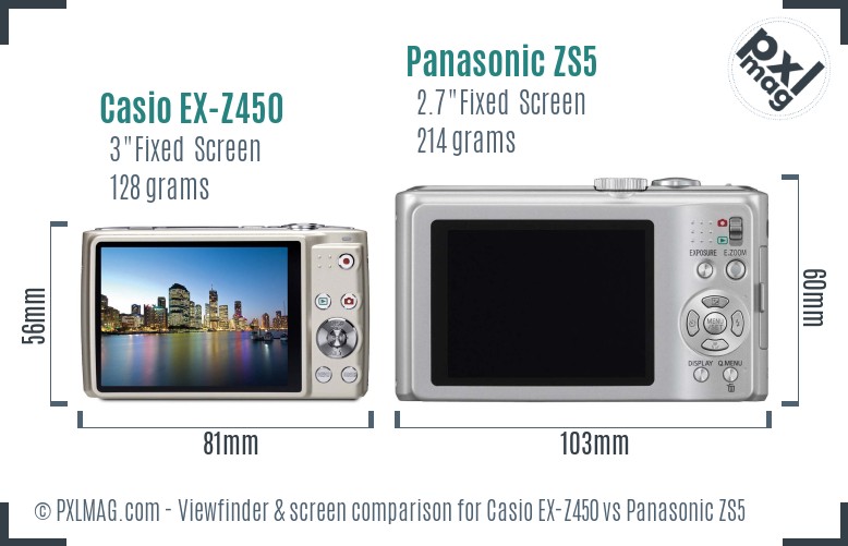 Casio EX-Z450 vs Panasonic ZS5 Screen and Viewfinder comparison