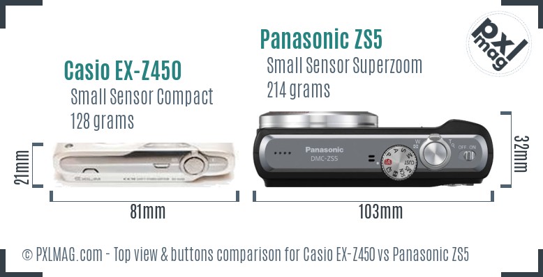 Casio EX-Z450 vs Panasonic ZS5 top view buttons comparison