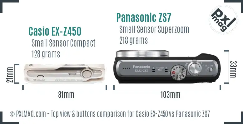 Casio EX-Z450 vs Panasonic ZS7 top view buttons comparison