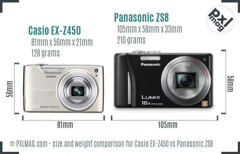 Casio EX-Z450 vs Panasonic ZS8 size comparison