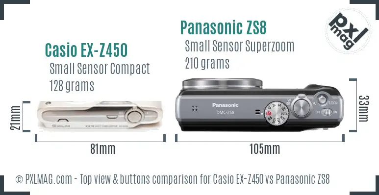 Casio EX-Z450 vs Panasonic ZS8 top view buttons comparison