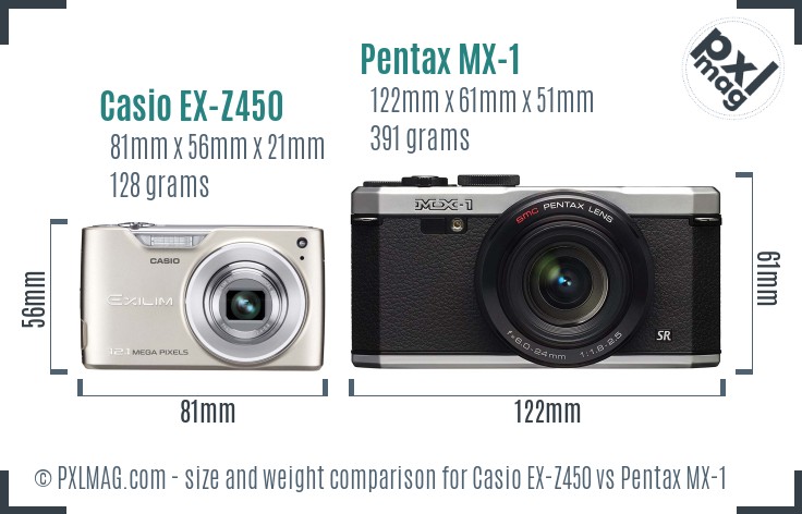 Casio EX-Z450 vs Pentax MX-1 size comparison