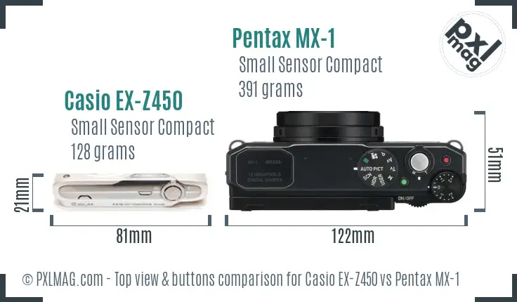 Casio EX-Z450 vs Pentax MX-1 top view buttons comparison