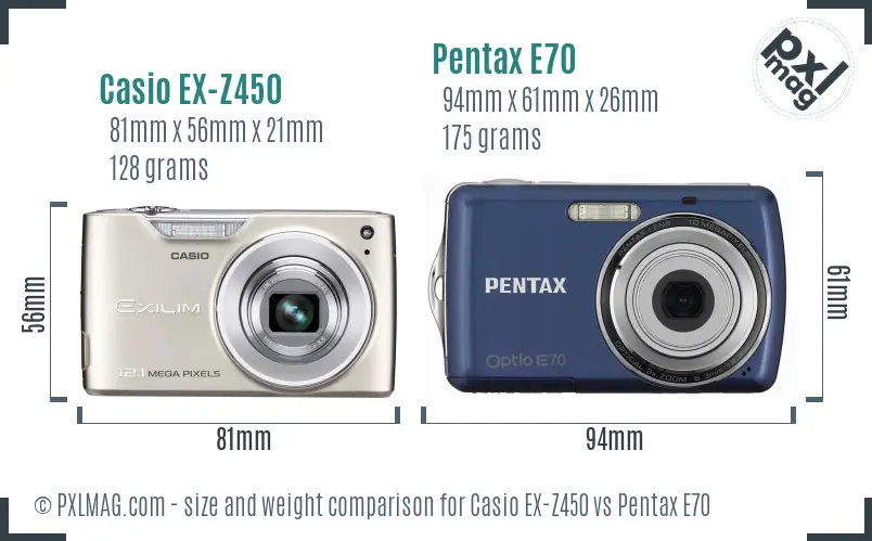 Casio EX-Z450 vs Pentax E70 size comparison Casio EX-Z450 vs Pentax E70 size comparison
