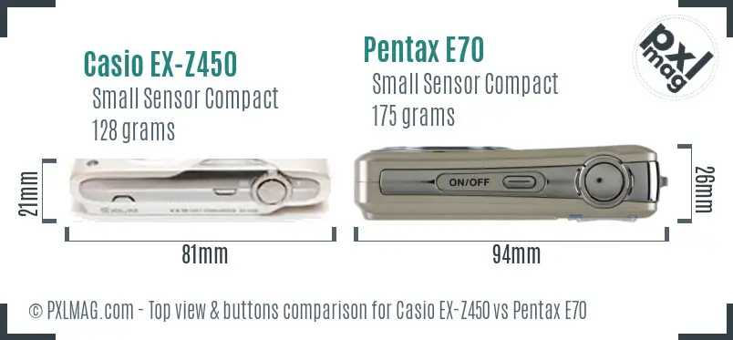 Casio EX-Z450 vs Pentax E70 top view buttons comparison Casio EX-Z450 vs Pentax E70 top view buttons comparison