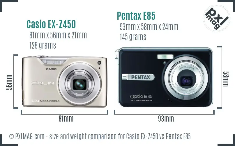 Casio EX-Z450 vs Pentax E85 size comparison