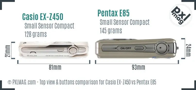 Casio EX-Z450 vs Pentax E85 top view buttons comparison