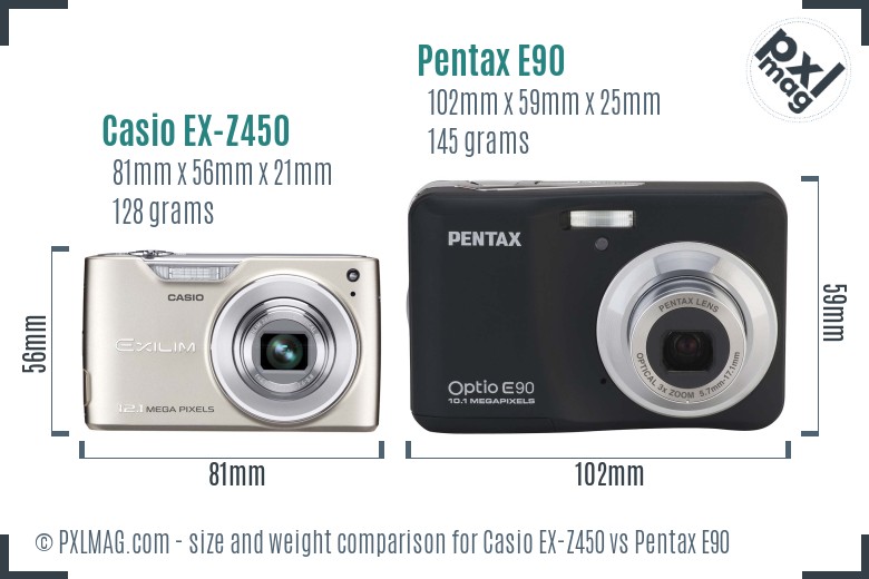 Casio EX-Z450 vs Pentax E90 size comparison