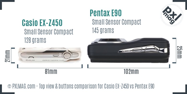 Casio EX-Z450 vs Pentax E90 top view buttons comparison