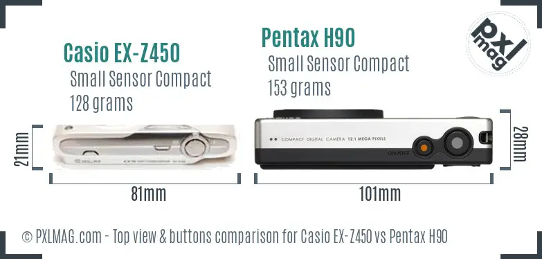 Casio EX-Z450 vs Pentax H90 top view buttons comparison