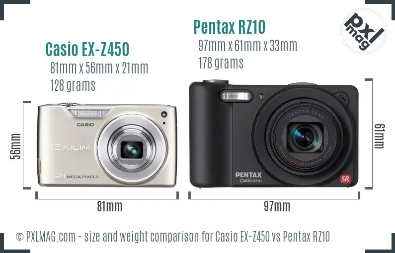 Casio EX-Z450 vs Pentax RZ10 size comparison