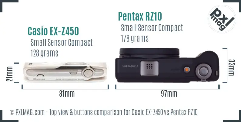 Casio EX-Z450 vs Pentax RZ10 top view buttons comparison