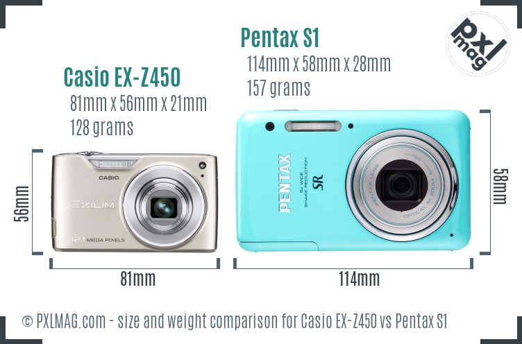 Casio EX-Z450 vs Pentax S1 size comparison