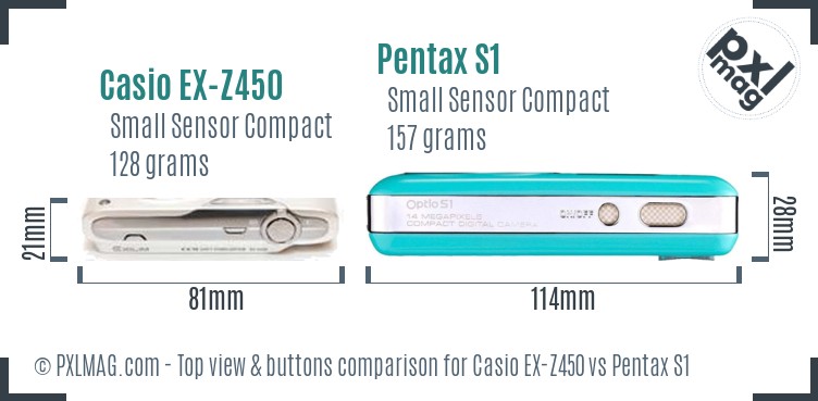 Casio EX-Z450 vs Pentax S1 top view buttons comparison