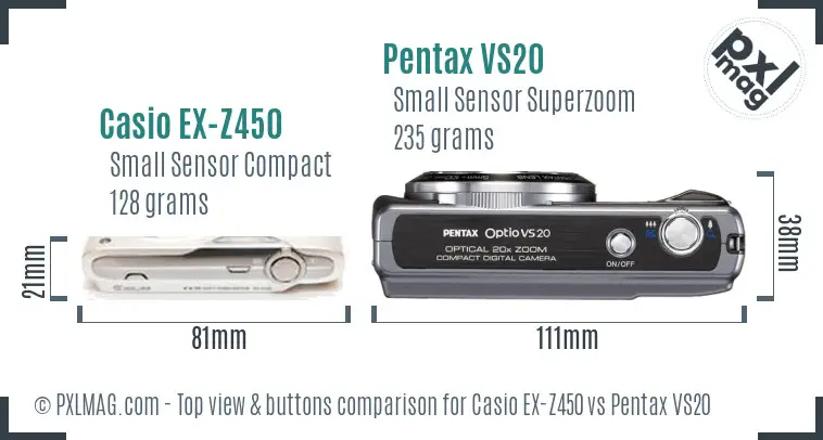 Casio EX-Z450 vs Pentax VS20 top view buttons comparison