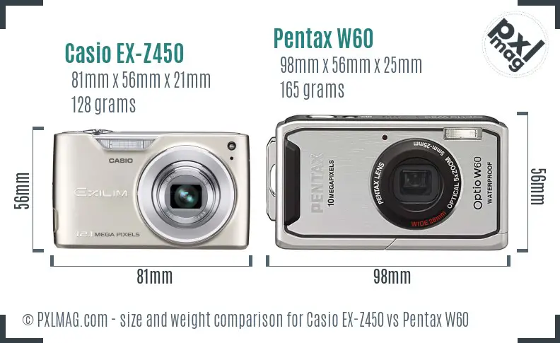 Casio EX-Z450 vs Pentax W60 size comparison Casio EX-Z450 vs Pentax W60 size comparison