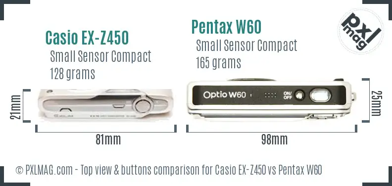 Casio EX-Z450 vs Pentax W60 top view buttons comparison Casio EX-Z450 vs Pentax W60 top view buttons comparison