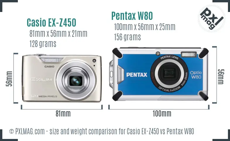 Casio EX-Z450 vs Pentax W80 size comparison