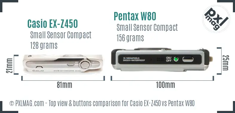 Casio EX-Z450 vs Pentax W80 top view buttons comparison