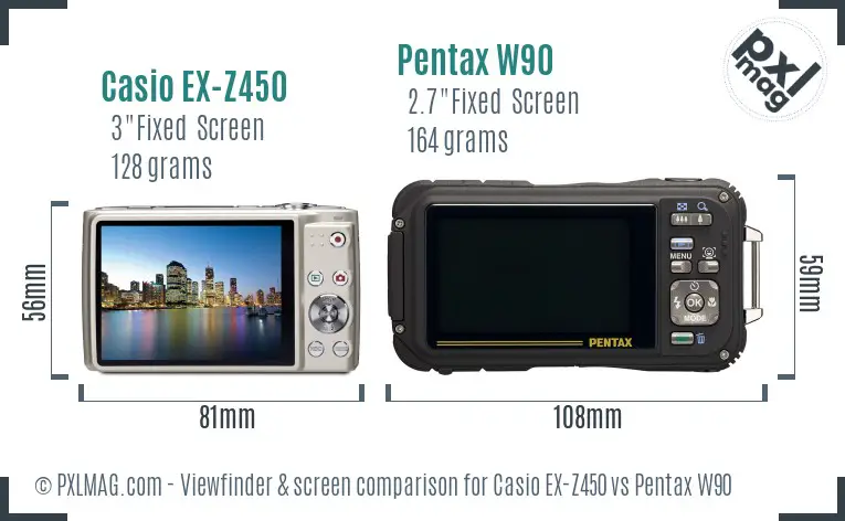 Casio EX-Z450 vs Pentax W90 Screen and Viewfinder comparison