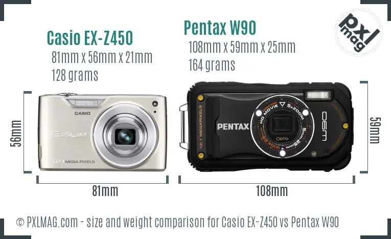 Casio EX-Z450 vs Pentax W90 size comparison