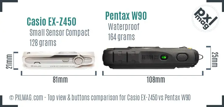 Casio EX-Z450 vs Pentax W90 top view buttons comparison