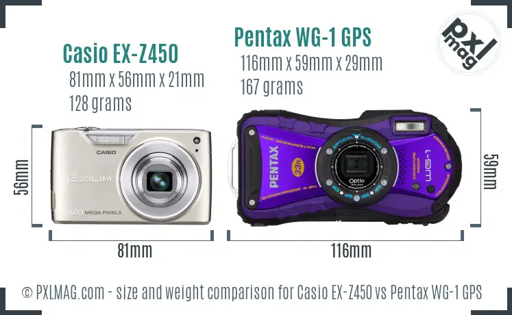 Casio EX-Z450 vs Pentax WG-1 GPS size comparison