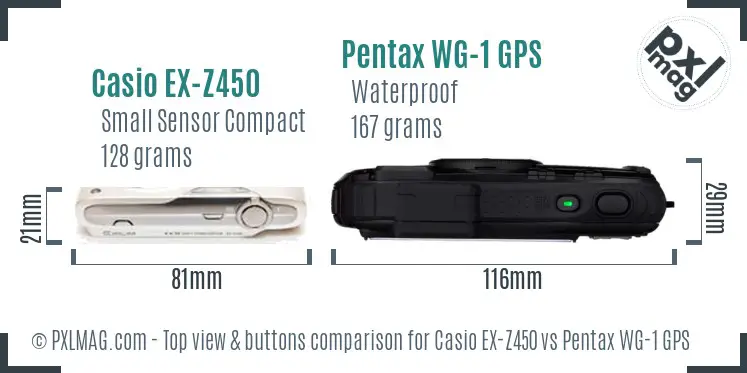 Casio EX-Z450 vs Pentax WG-1 GPS top view buttons comparison