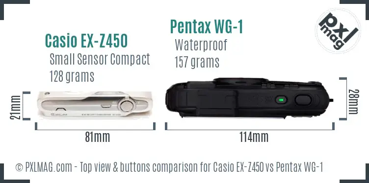 Casio EX-Z450 vs Pentax WG-1 top view buttons comparison Casio EX-Z450 vs Pentax WG-1 top view buttons comparison
