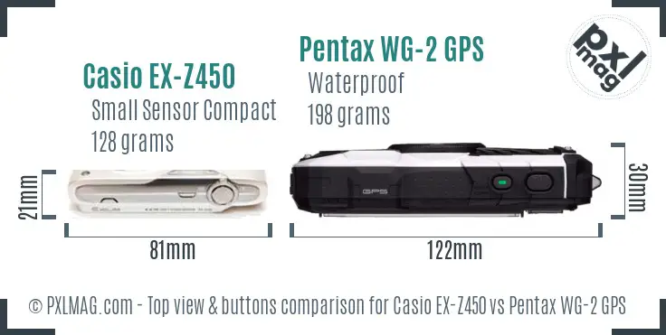 Casio EX-Z450 vs Pentax WG-2 GPS top view buttons comparison