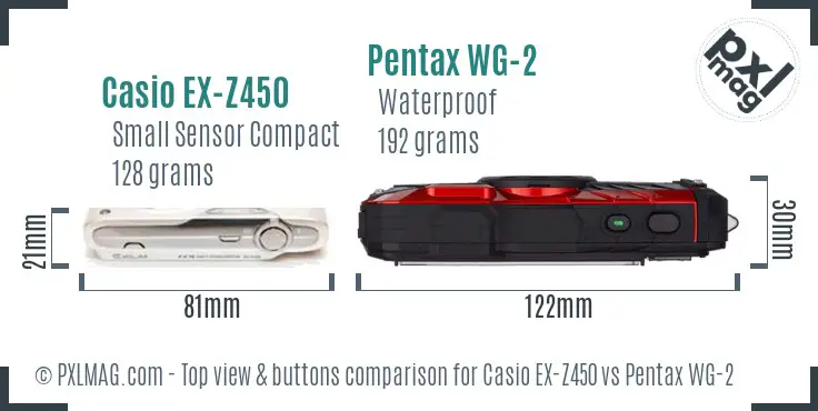 Casio EX-Z450 vs Pentax WG-2 top view buttons comparison