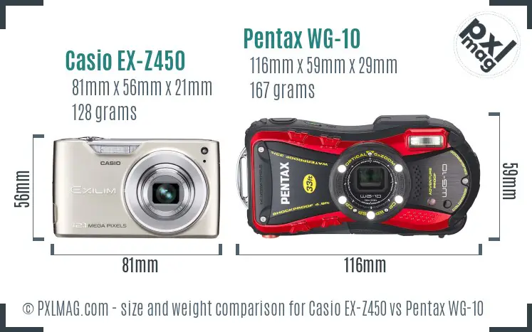Casio EX-Z450 vs Pentax WG-10 size comparison