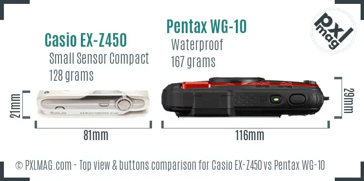Casio EX-Z450 vs Pentax WG-10 top view buttons comparison
