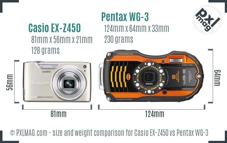 Casio EX-Z450 vs Pentax WG-3 size comparison