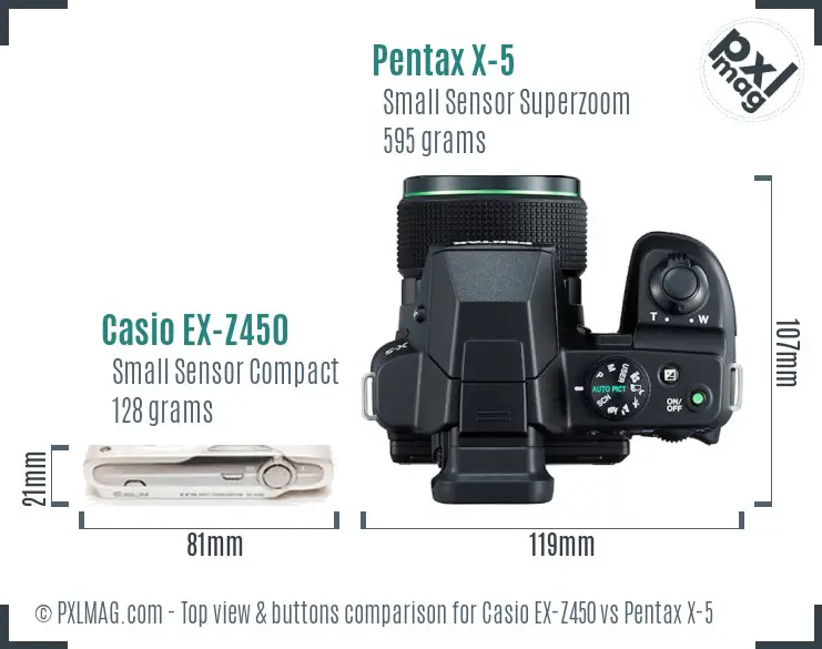 Casio EX-Z450 vs Pentax X-5 top view buttons comparison