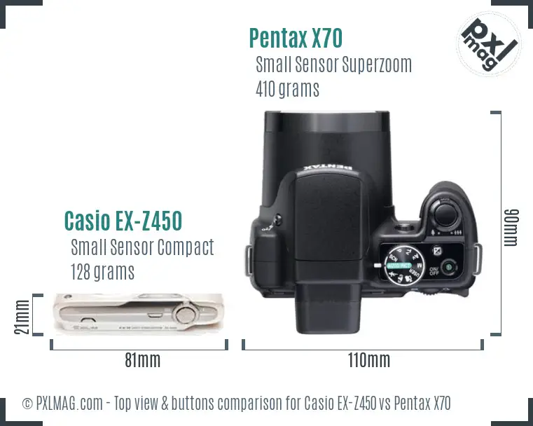 Casio EX-Z450 vs Pentax X70 top view buttons comparison