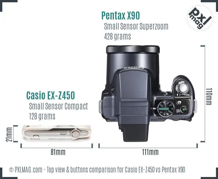 Casio EX-Z450 vs Pentax X90 top view buttons comparison